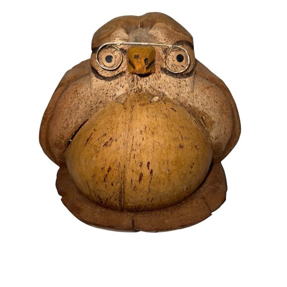 Handmade Wise Owl Wearing Glasses Coconut Shell Figurine Sculpture Kitsch BOHO - Picture 9 of 12
